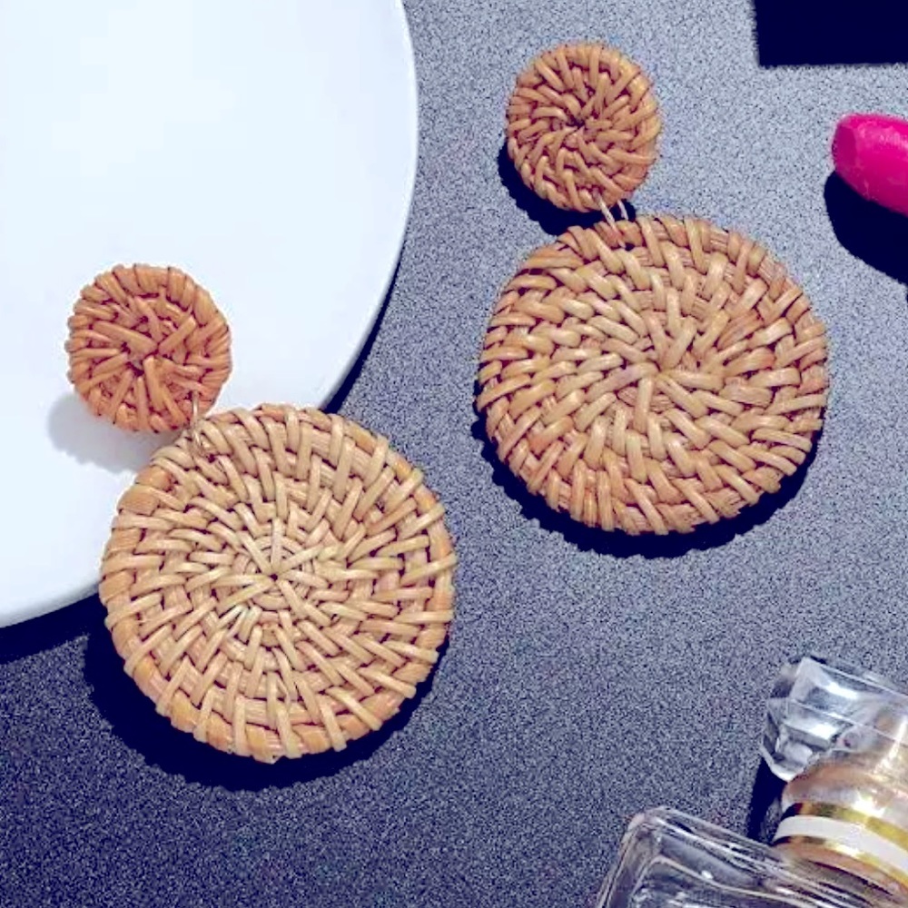 Handmade Rattan Double Disc Drop Earrings Boho Rattan Dangle Statement